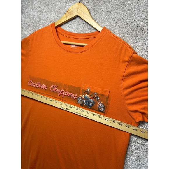 Y2K Retro Custom Choppers Motorcycle Graphic Pocket T Shirt Orange Mens XL - Picture 7 of 9